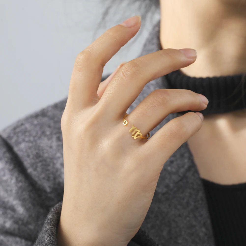 Stainless Steel Zodiac Rings 12 Constellations Open Ring for Women Aries Leo Virgo Gemini Libra Pisces Scorpio Birthday Gifts – Image 2